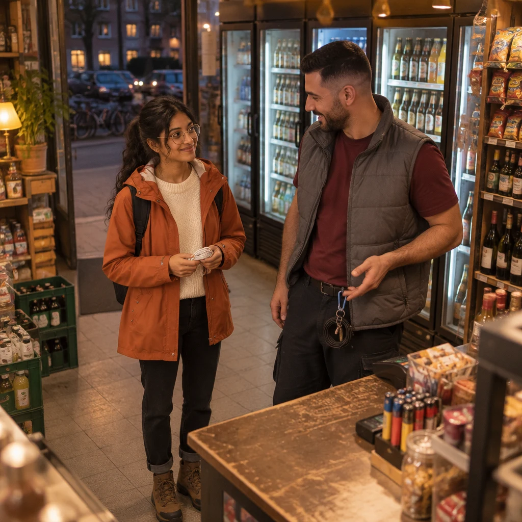 Deniz gestures toward the spare cable on his belt as Priya stands beside him with the returned cable, offering that she can borrow his next time.