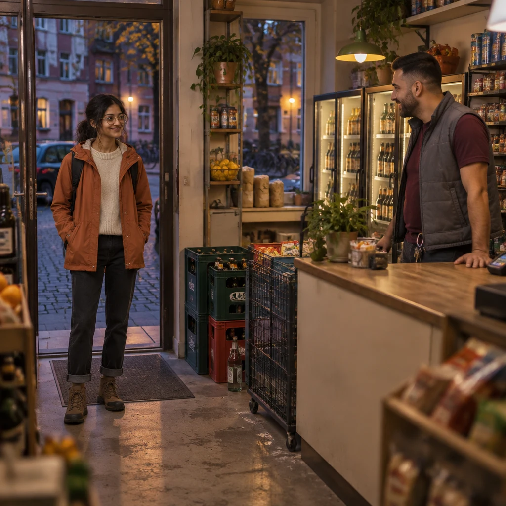 Priya arrives at Deniz’s Späti while a glass bottle and the bottle crates set up the newcomer’s question.