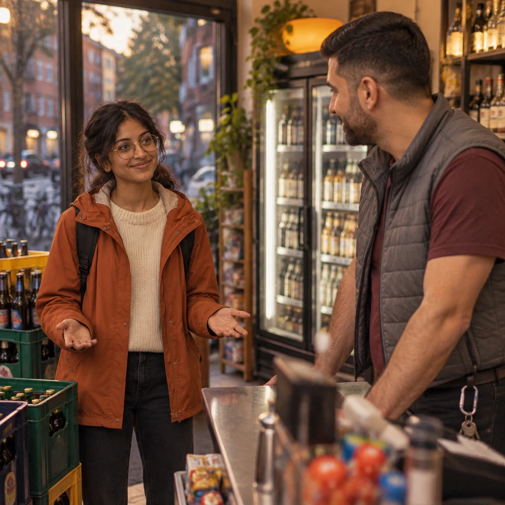 Priya offers to explain how the shop works while Deniz listens from behind the counter.