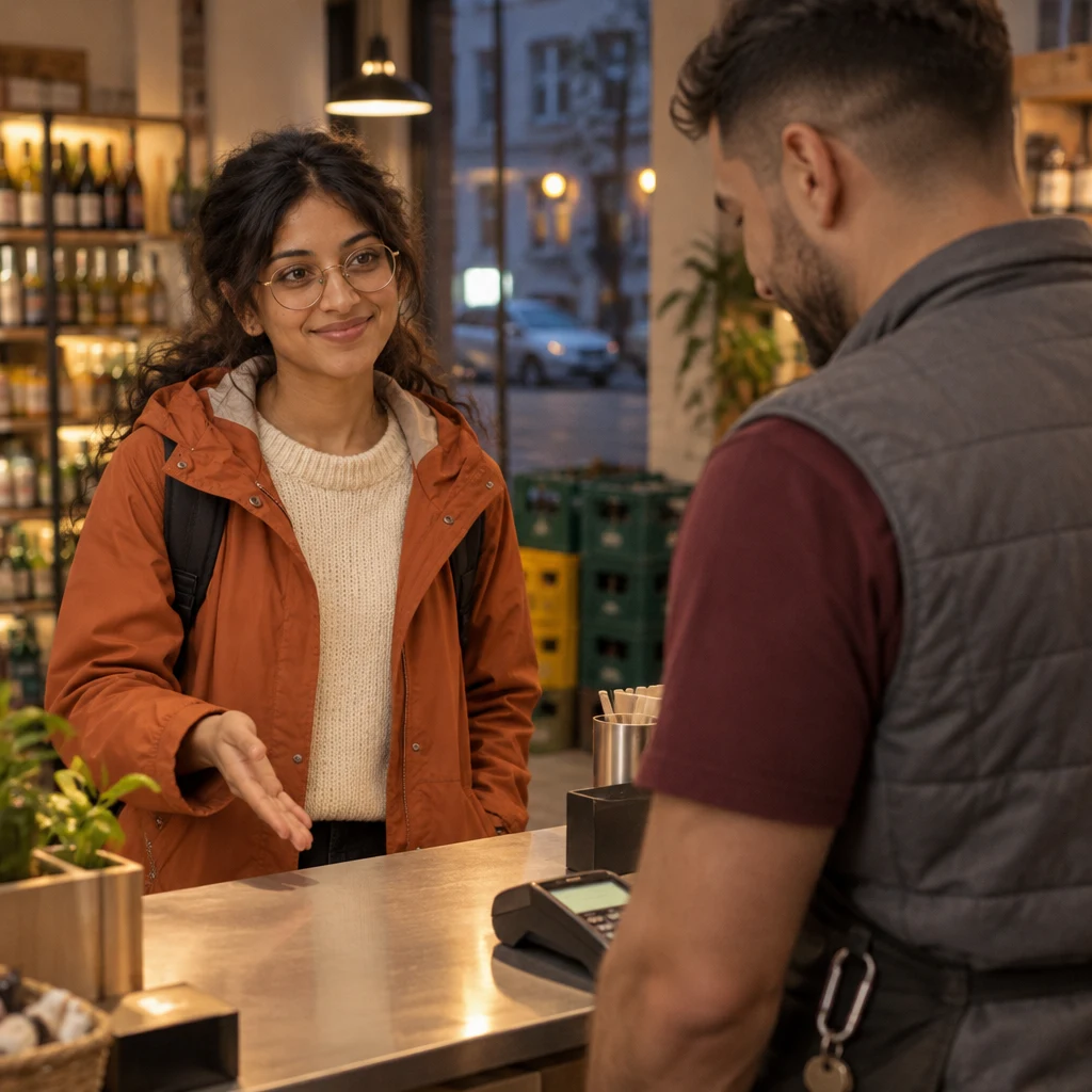 Priya points toward the cash counter while advising that paying there is often easier.