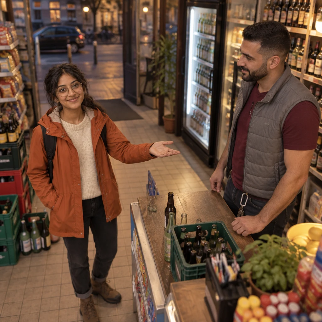Priya offers an open hand toward her place by the counter, inviting someone to ask her for help if they get stuck.