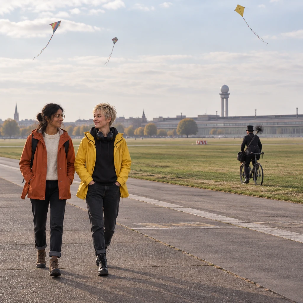 Priya and Jule walk the broad tarmac paths beneath still kites as a chimney sweep cycles along the grass edge.