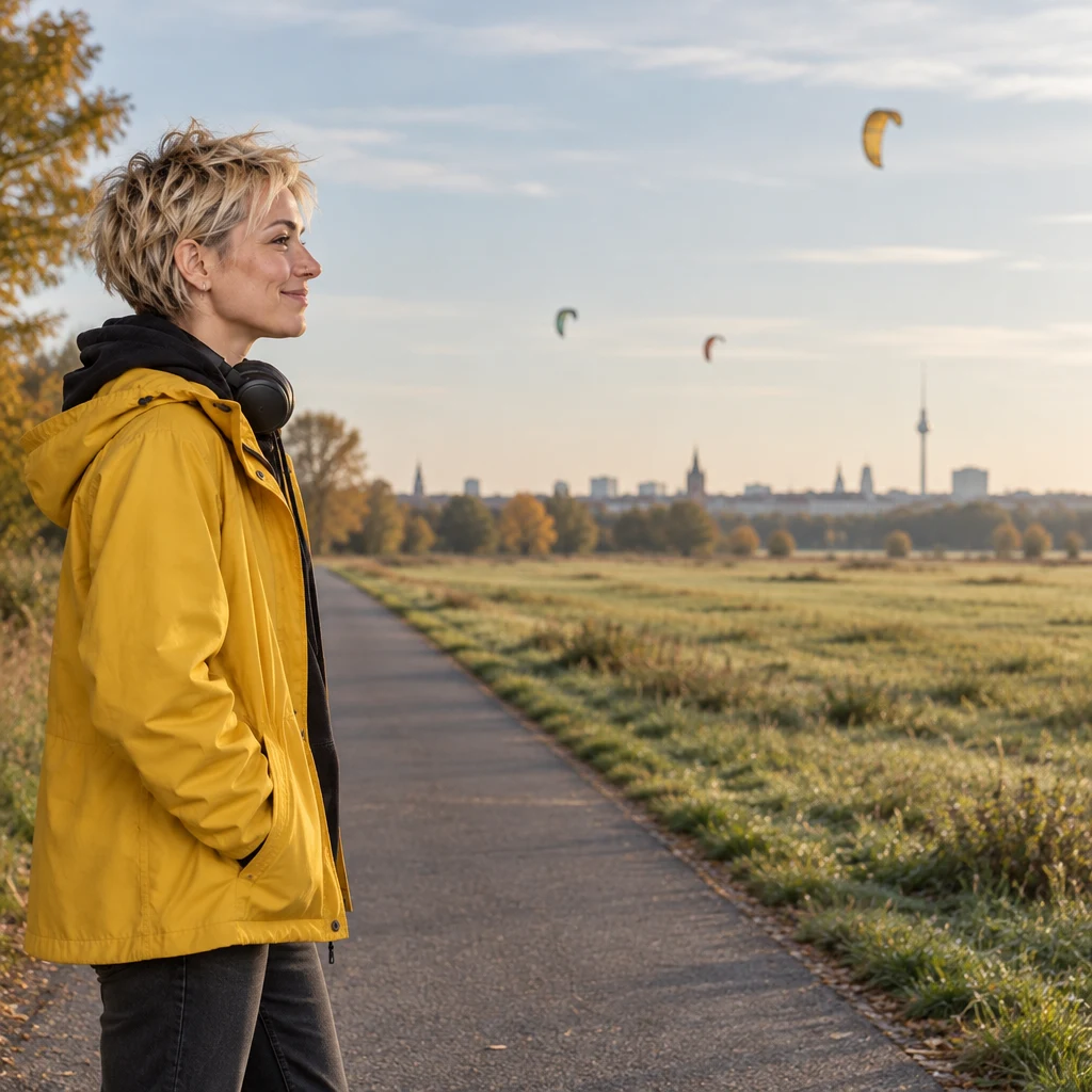 Jule pauses beside the empty path and looks across the quiet Sunday field.