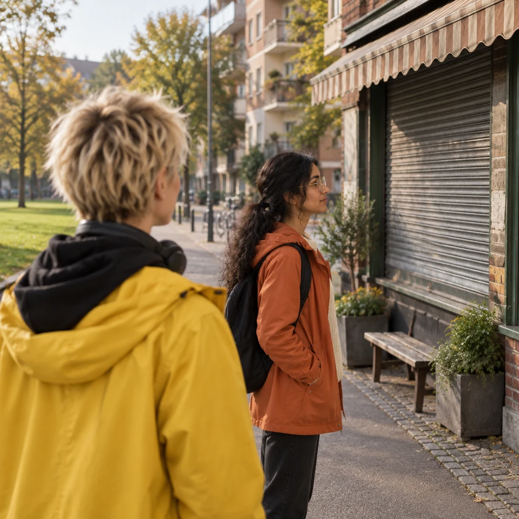 Priya looks toward a closed bakery beyond the field path while Jule stands beside her.