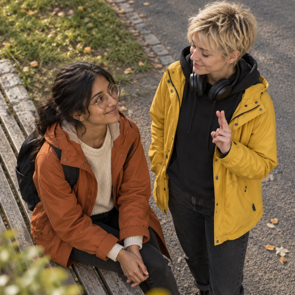 Jule crosses fingers for Priya beside a wooden bench at the quiet field edge.