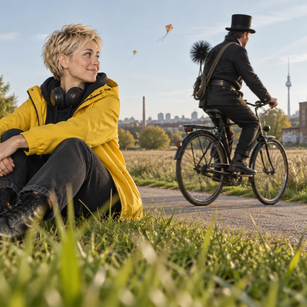 Jule turns toward a chimney sweep cycling past along the grass edge.