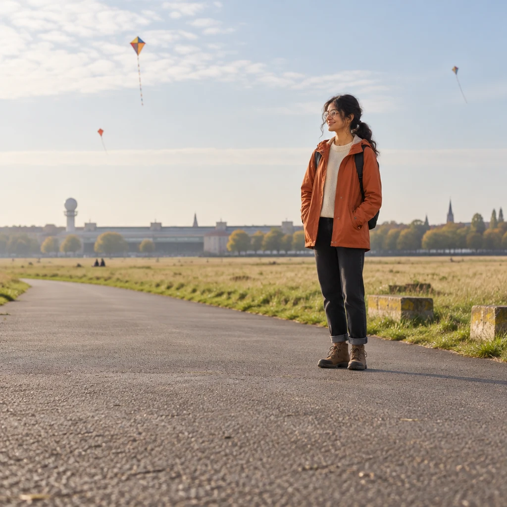 Priya stands quietly beside a long empty path beneath motionless kites.