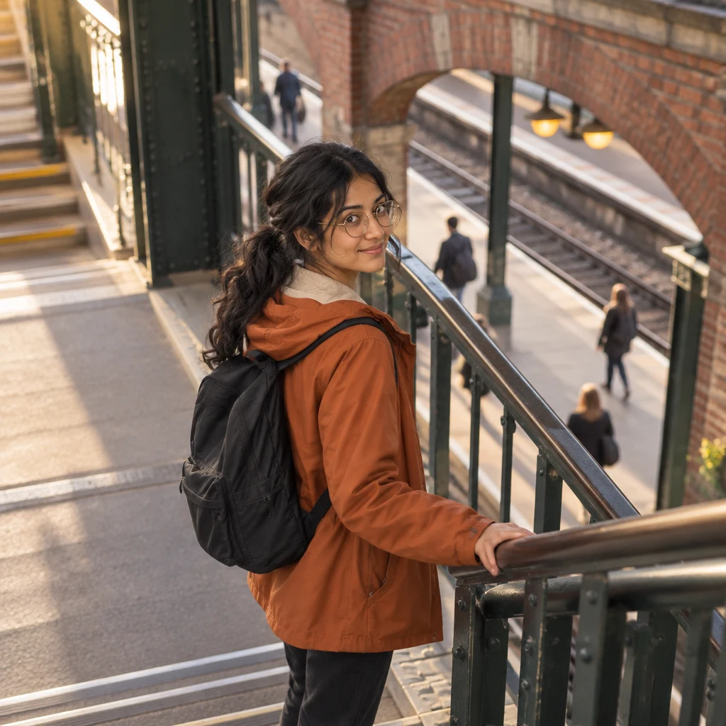 Priya pauses at the transfer stairs, turning toward the route to another platform.