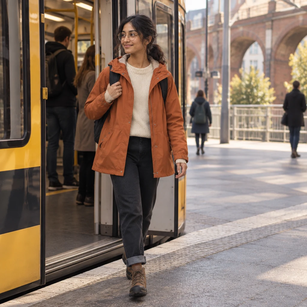 Priya steps down from the open train doorway onto the platform.