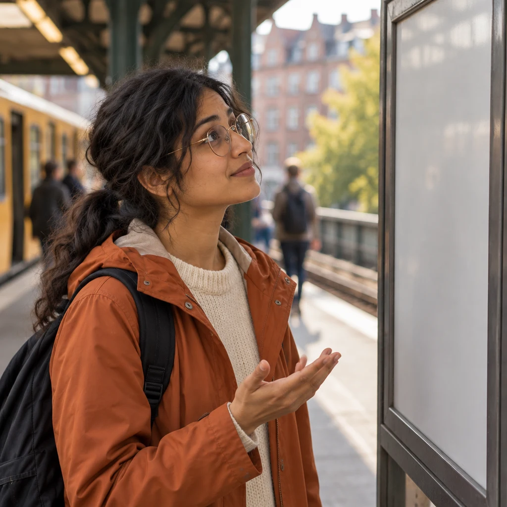 Priya looks up toward the station timetable panel while asking how often the train runs.