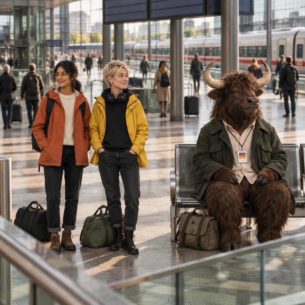 Priya and Jule wait beneath the station displays with their weekend bags while Anton sits nearby with his satchel.