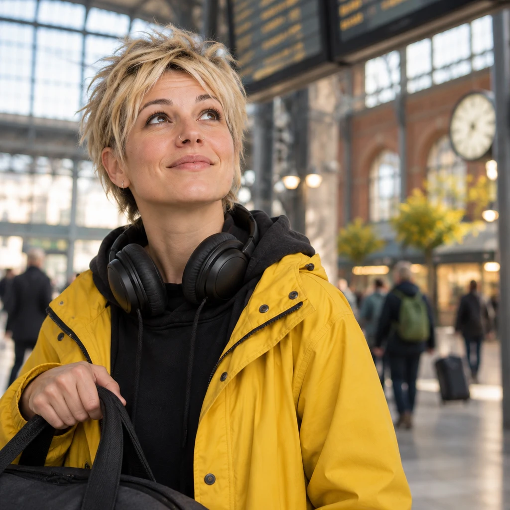 Jule pauses beneath the station displays and looks up after learning the Hamburg ICE is cancelled.