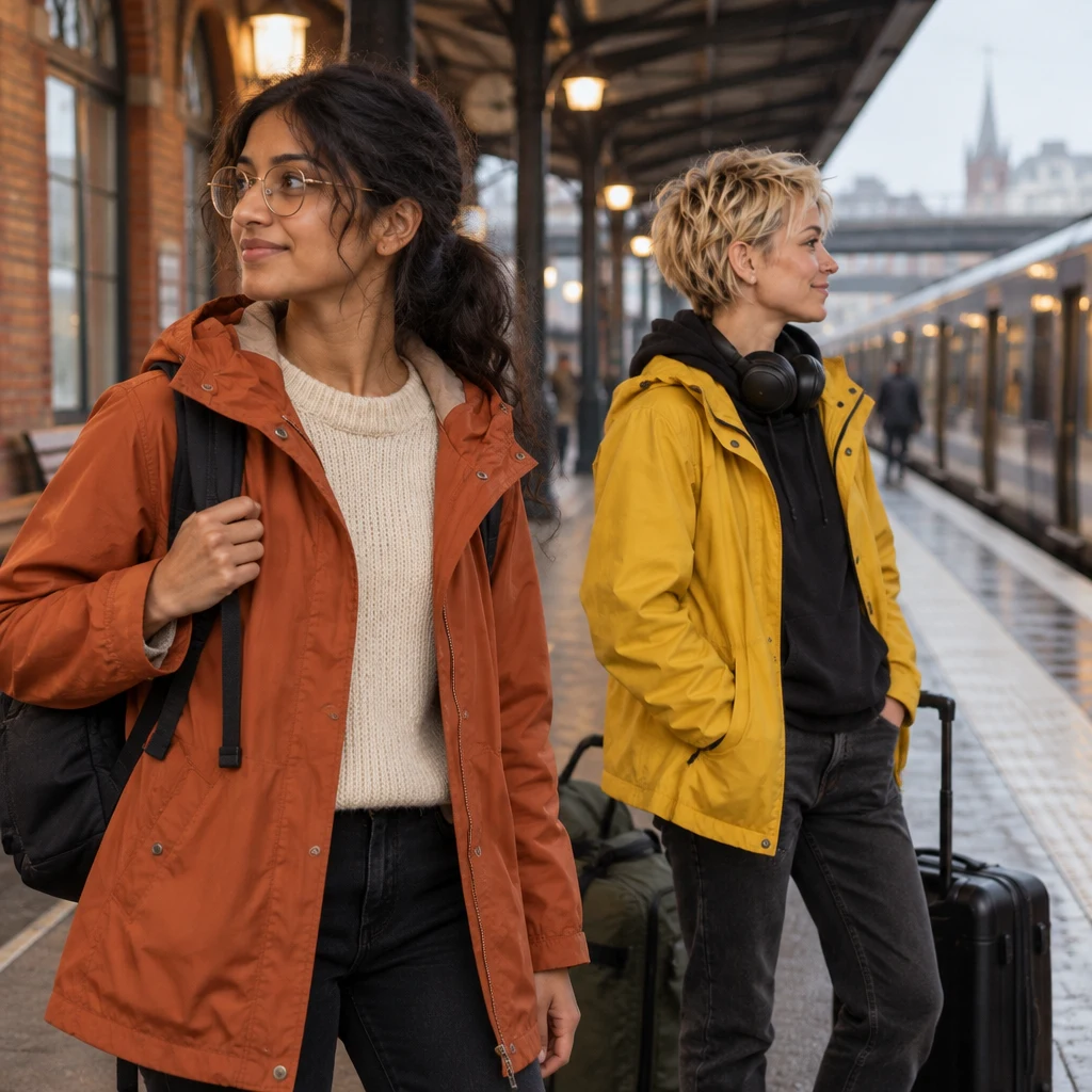 Priya pauses on the platform while Jule checks the direction of the train.