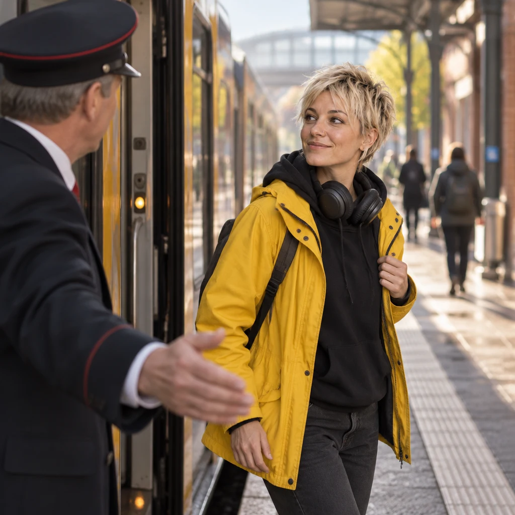 Jule steps back from an open carriage doorway after realizing this train is not going to Hamburg.