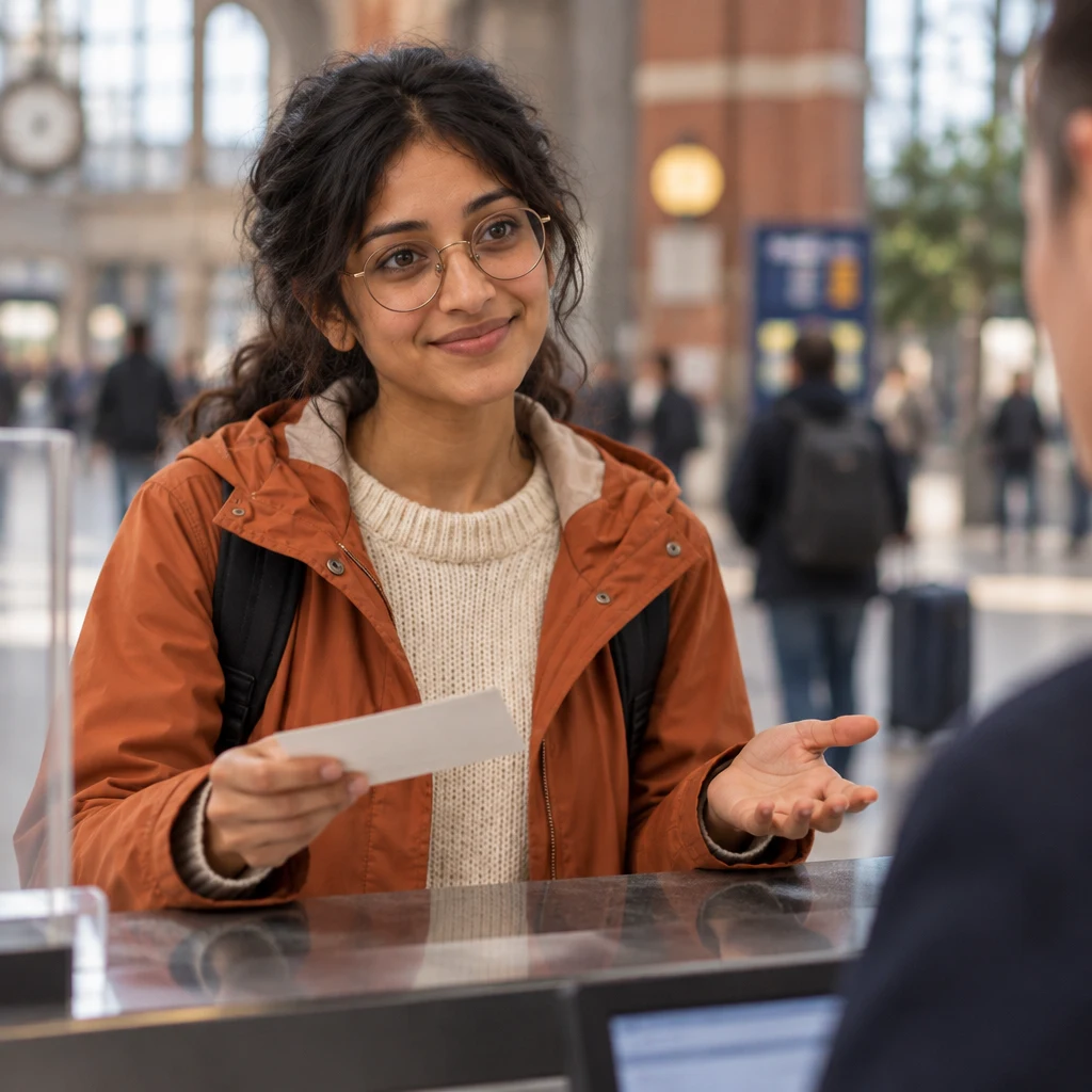 Priya holds out her ticket and makes a small questioning gesture to ask about the connection.