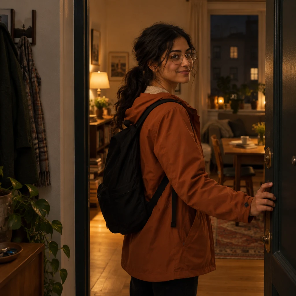 Priya pauses at her apartment doorway at night, looking back into the softly lit room.