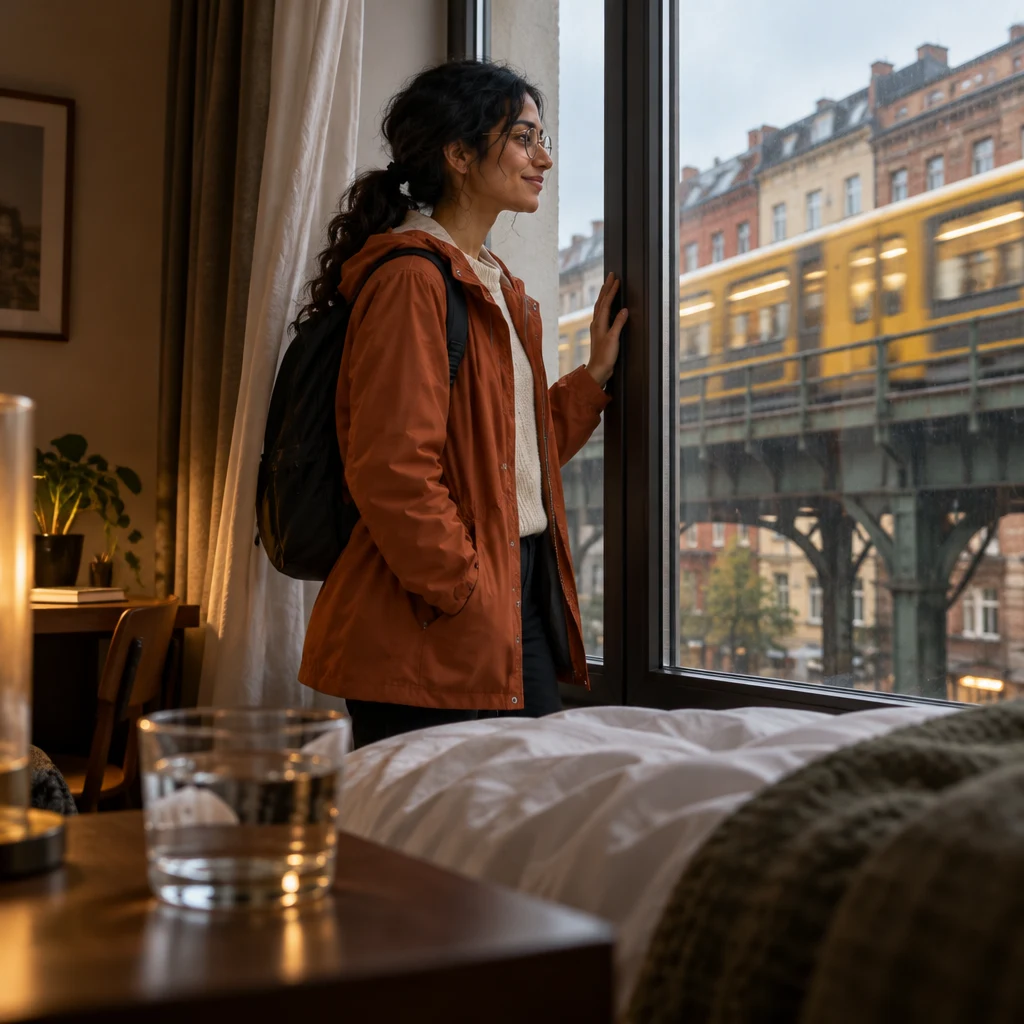 Priya rests a hand against the hotel room window while a train passes close outside.