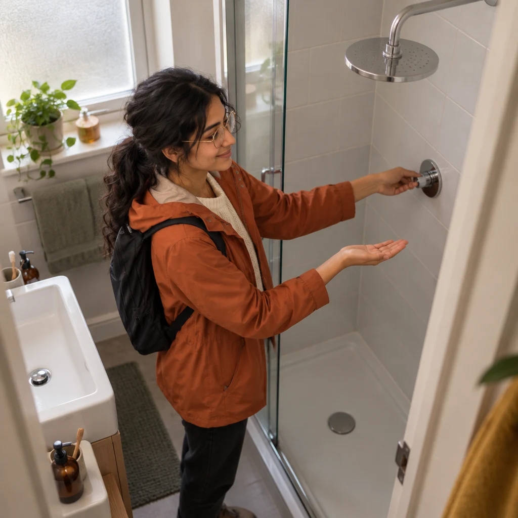 Priya turns the shower control, but no water comes from the showerhead.