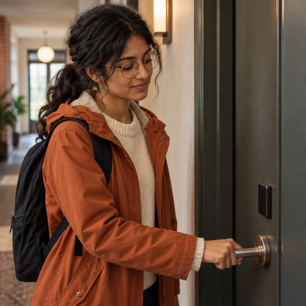 Priya tests the room door handle beside an unresponsive electronic reader.