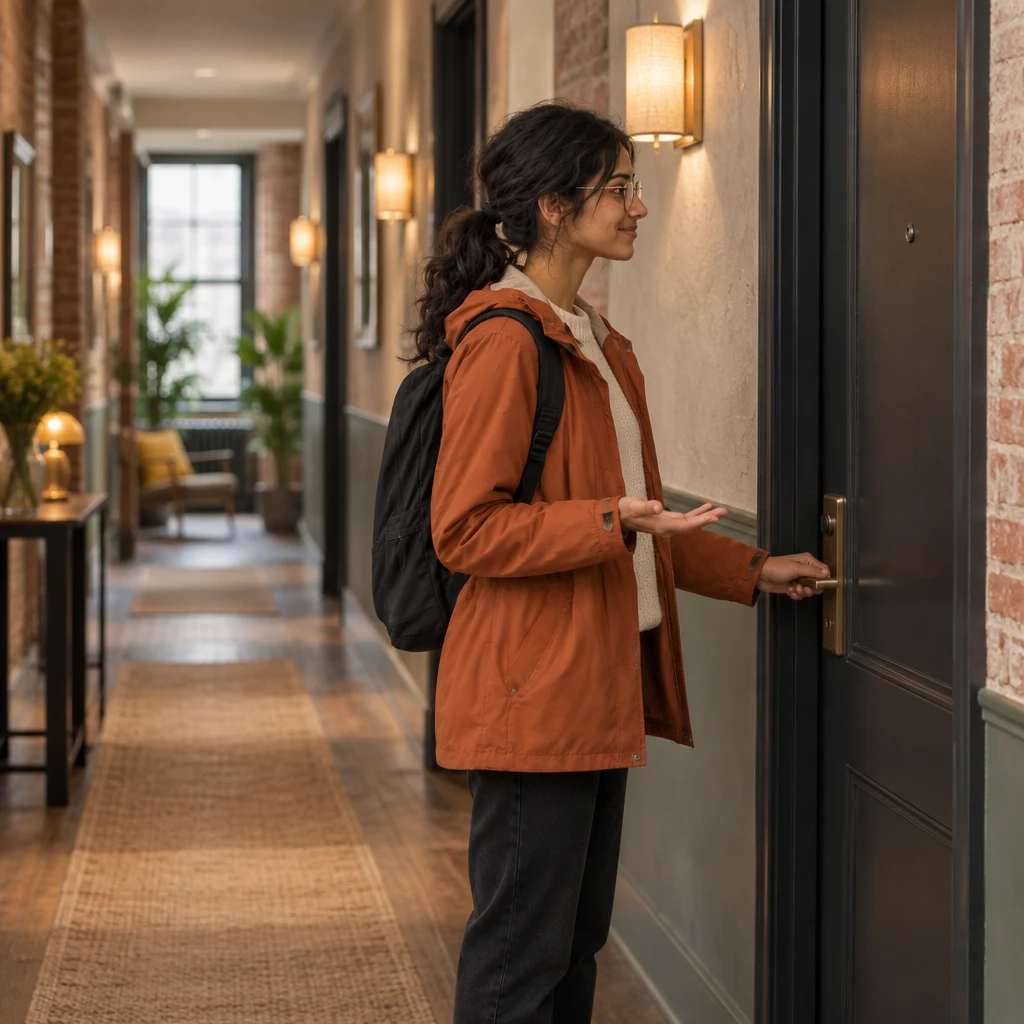 Priya waits outside the closed hotel room with a hand resting on the handle.