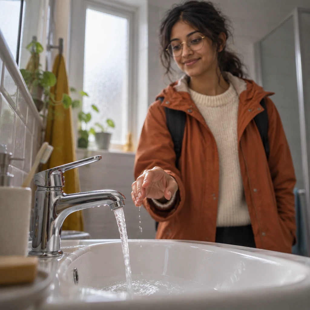 Priya tests the running bathroom tap and draws a hand back from the cold water.