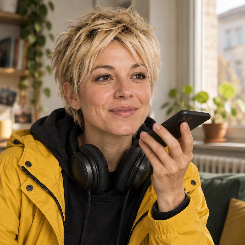 Jule records a voice message at home.