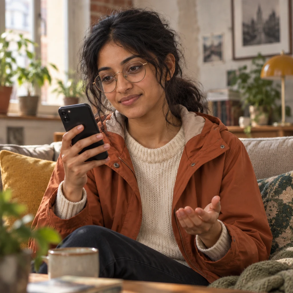 Priya listens to Jule’s voice note from the sofa and makes a small apologetic gesture.