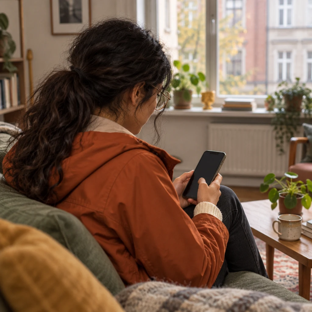 Priya sits forward on the sofa, looking down at her phone after replying.
