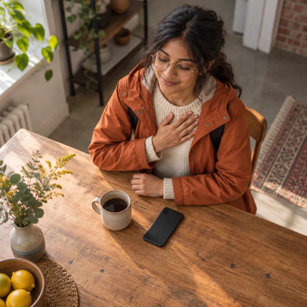 Priya rests one hand over her heart beside her phone after thanking Jule for understanding.