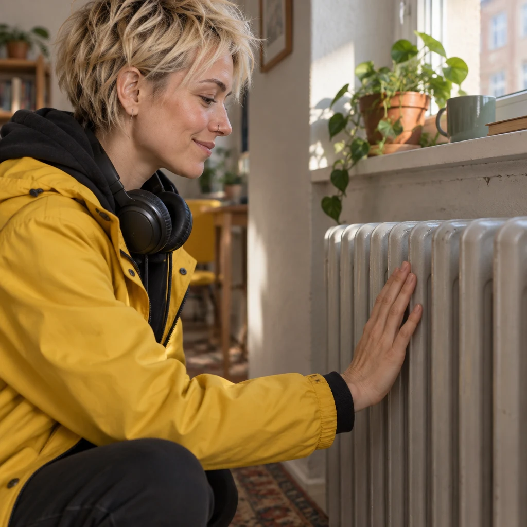 Jule rests a palm against the cold radiator in the apartment.