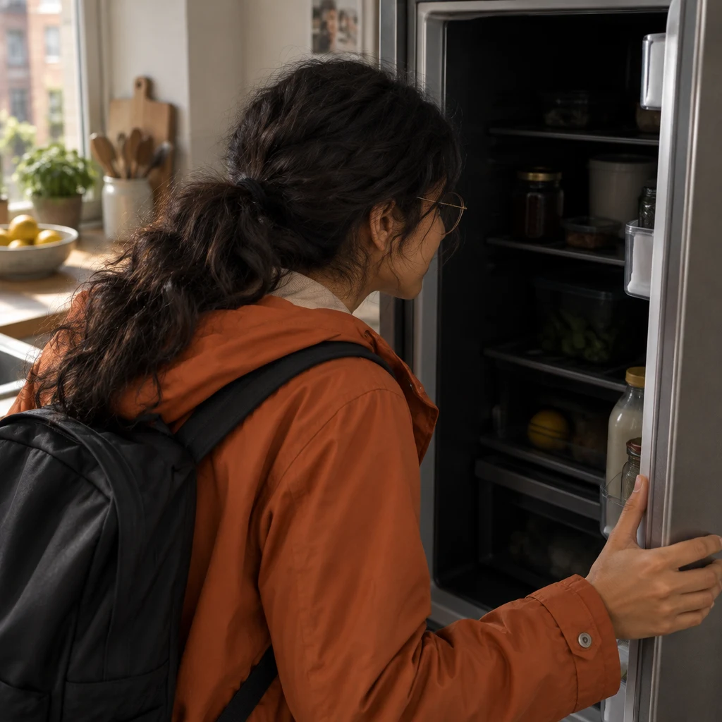 Priya looks into the open fridge whose interior light stays off.