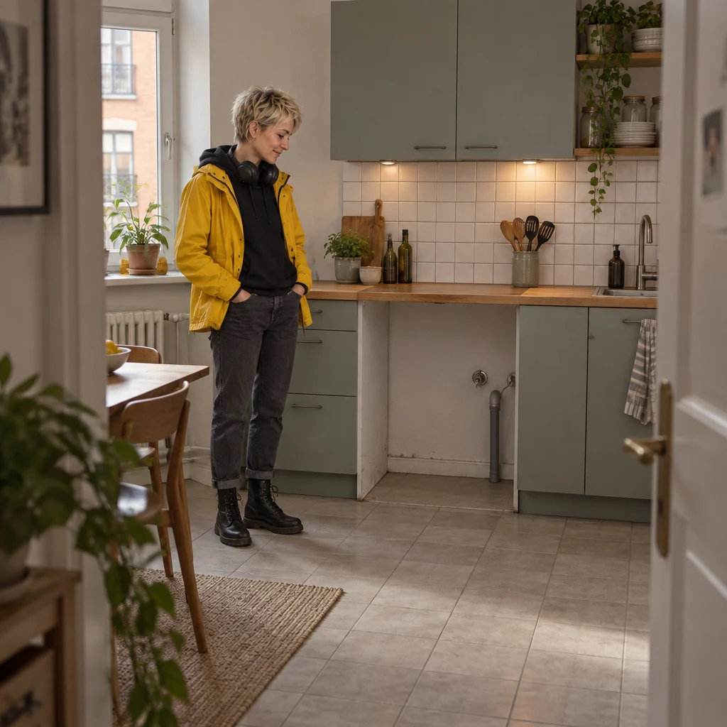 Jule stands in the empty kitchen alcove where a washing machine should be.