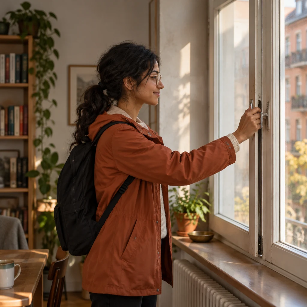 Priya tries to pull the tall window shut, but it remains ajar.