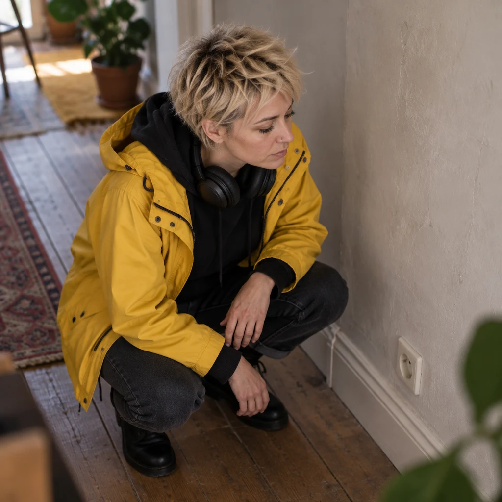 Jule crouches beside the socket at the skirting board, which shows no light.