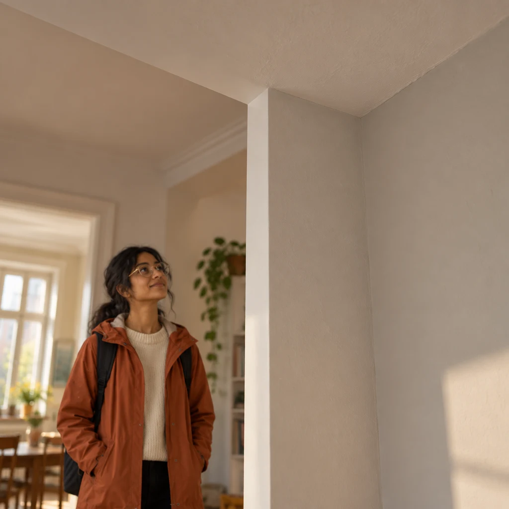 Priya looks toward the bare corner where a lamp is missing.