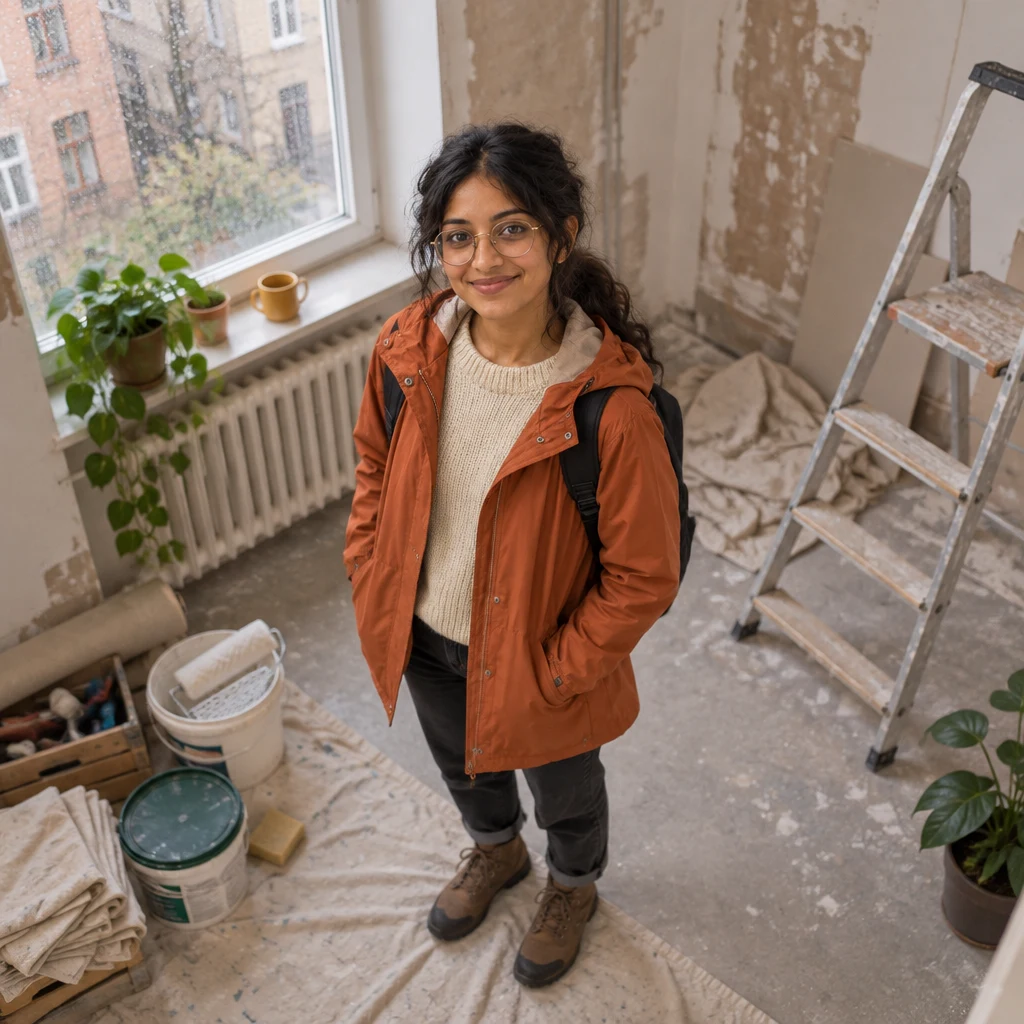 Priya stands in a flat where renovation work is underway.