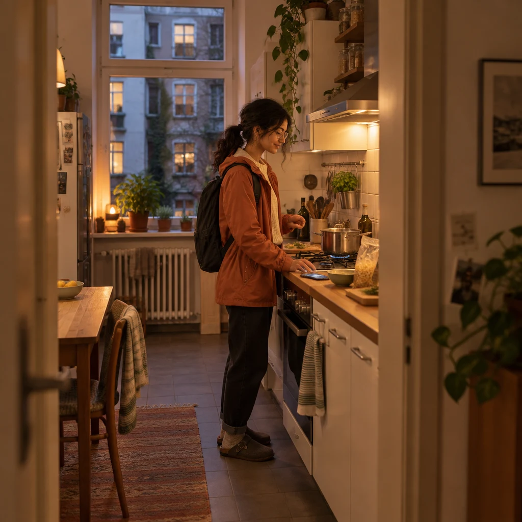 Priya stands by her small kitchen stove as water heats in a pot and her phone rests face-up on the counter.
