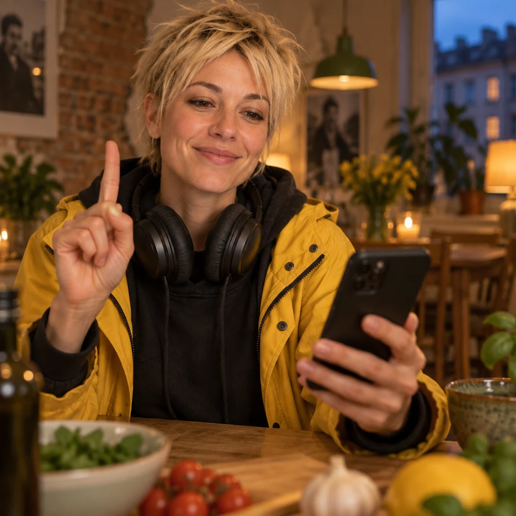 Jule lifts a hand in a first-step gesture while holding her phone at the table.