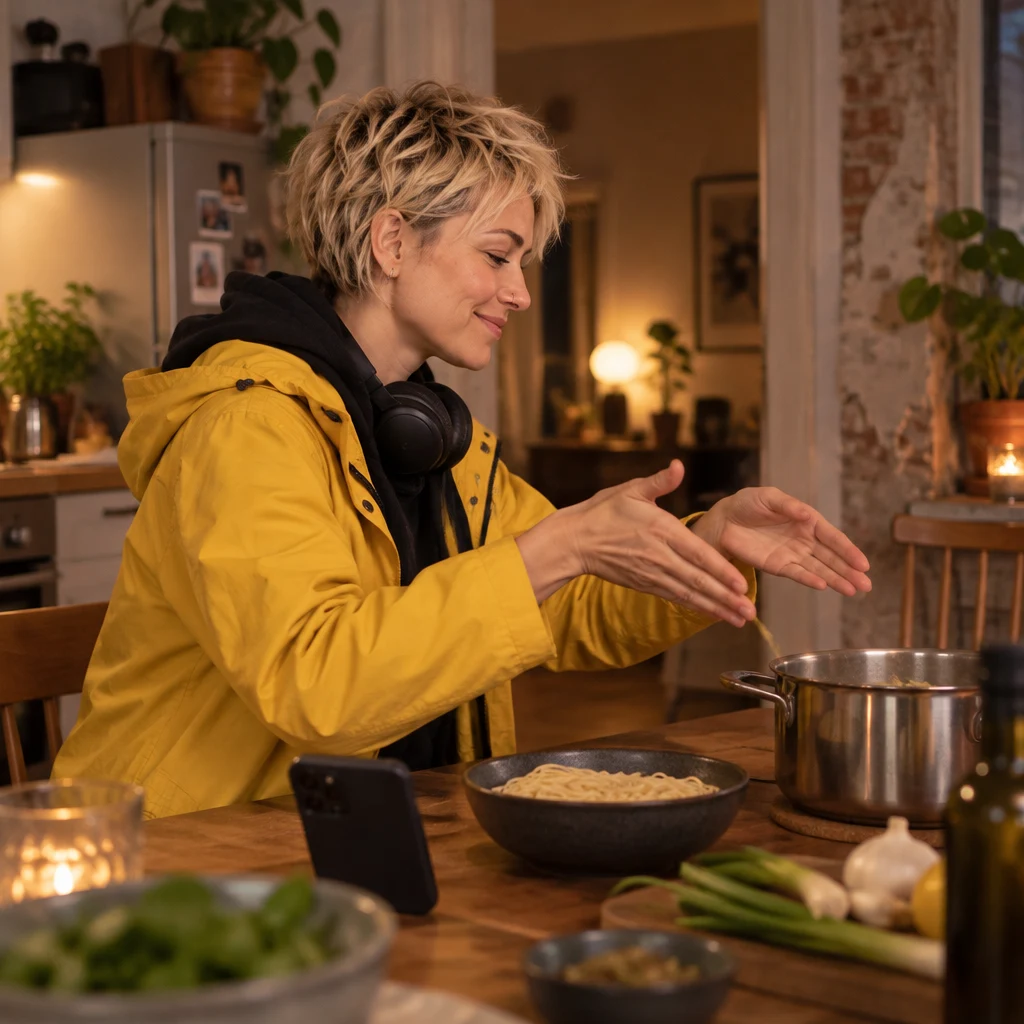 Jule leans over the table and opens both hands in a motion that mimics putting noodles into water.