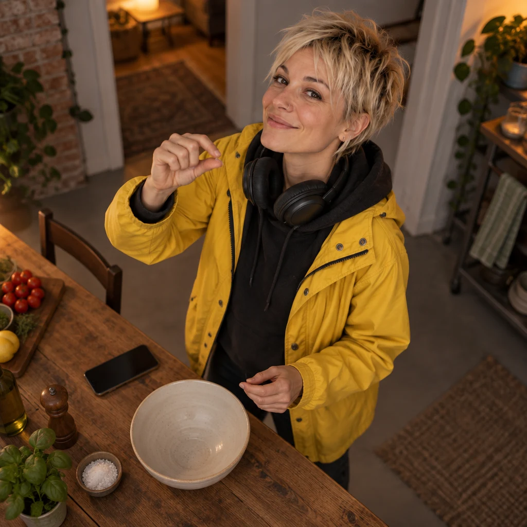 Jule pinches her fingers together to show that only a little salt is needed at the end.