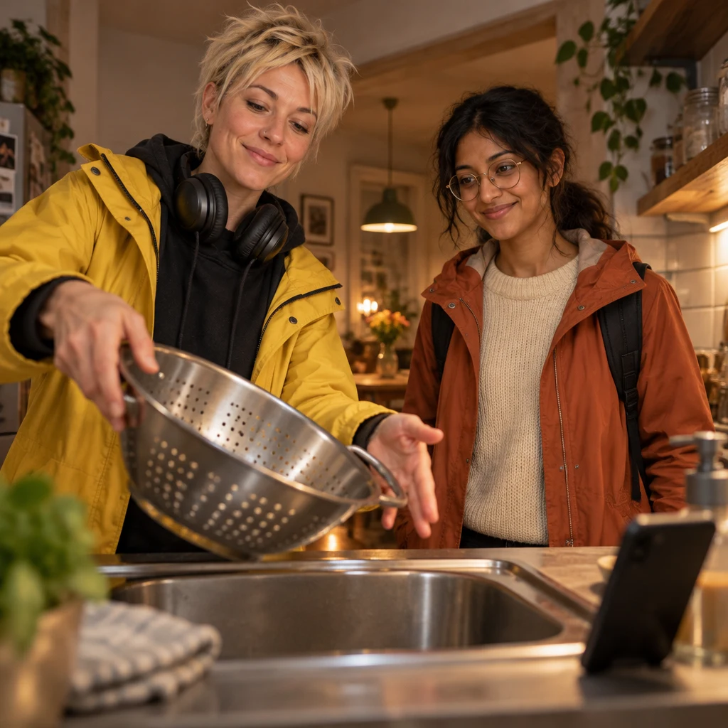 Jule demonstrates draining the noodles with a tipping motion over an empty colander at the sink.