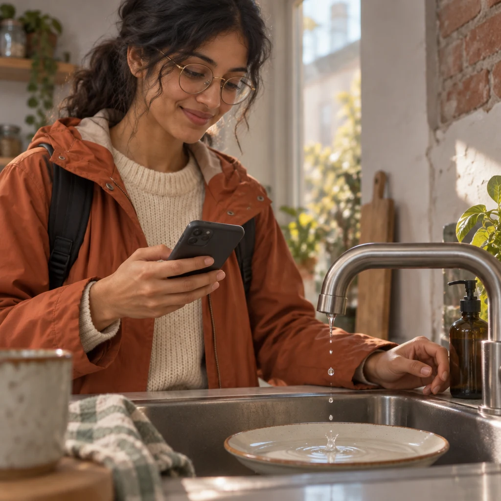 Priya holds her phone beside the dripping tap and the plate catching each drop.