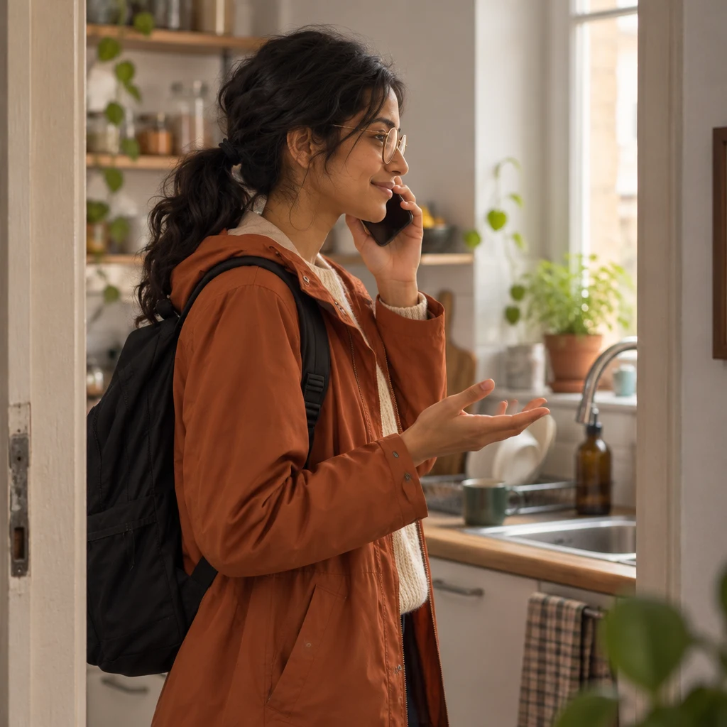 Priya makes a requesting gesture as she calls from the kitchen doorway.
