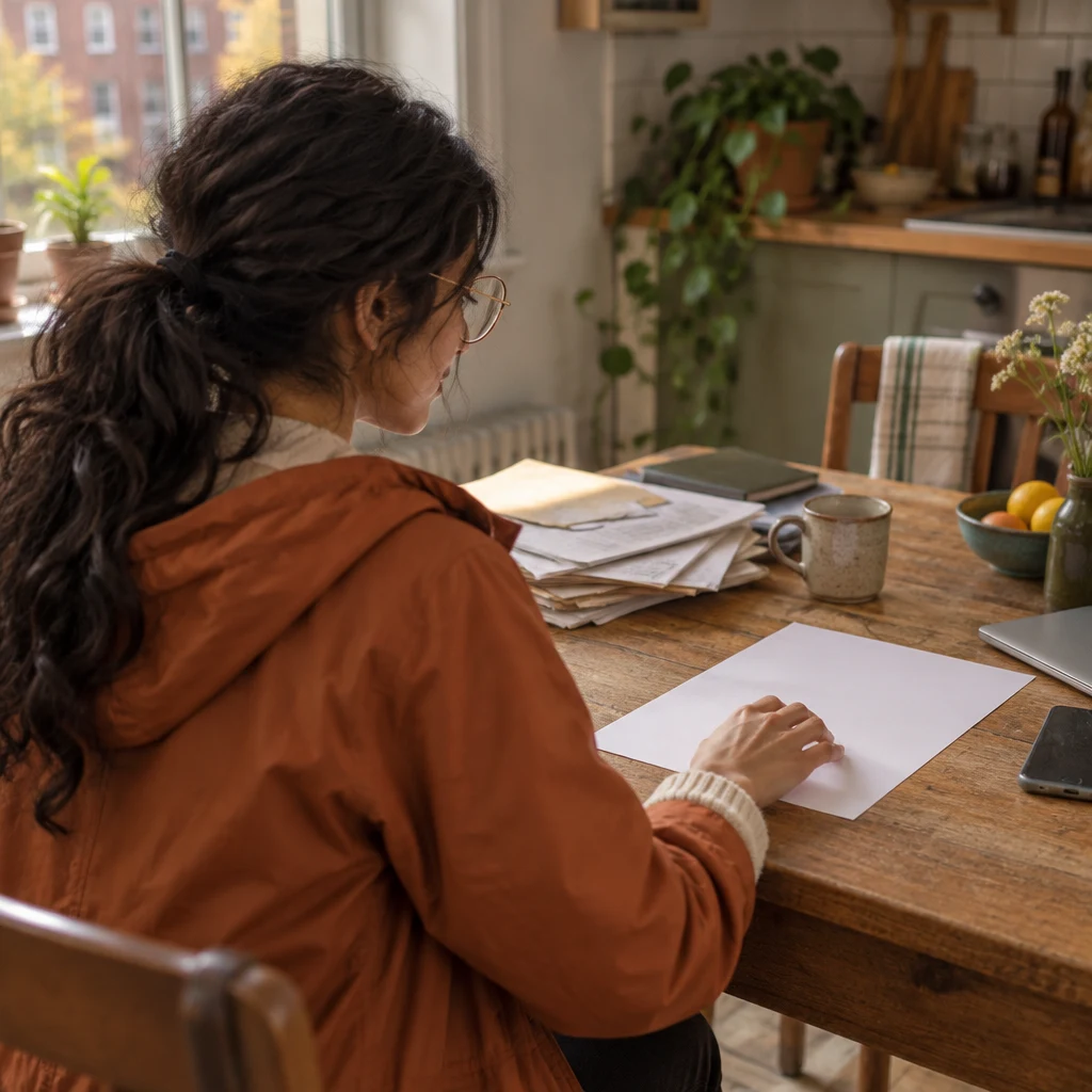 Priya leans toward one clean page amid the scattered papers, ready to begin her thank-you.