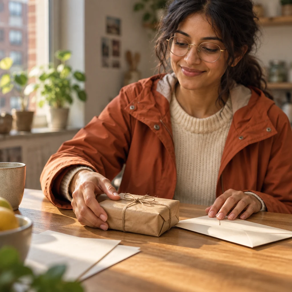 Priya slides a small parcel toward a blank envelope on the kitchen table.