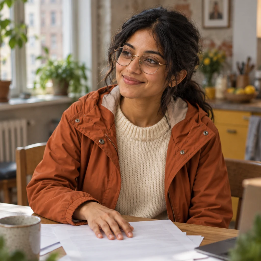 Priya pauses with one palm resting on the papers, considering how to express her gratitude sincerely.