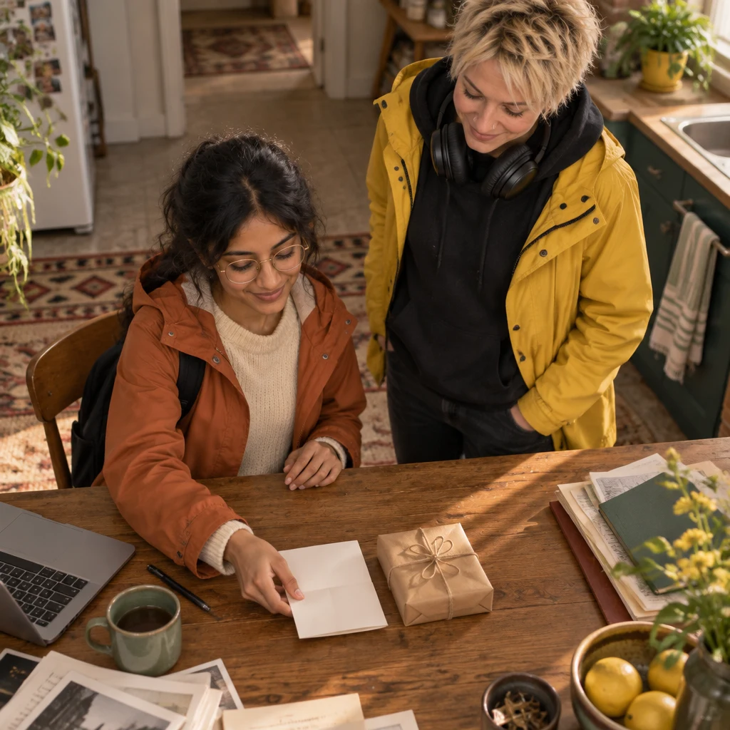 Priya places the folded page beside the small parcel as Jule stands close by.