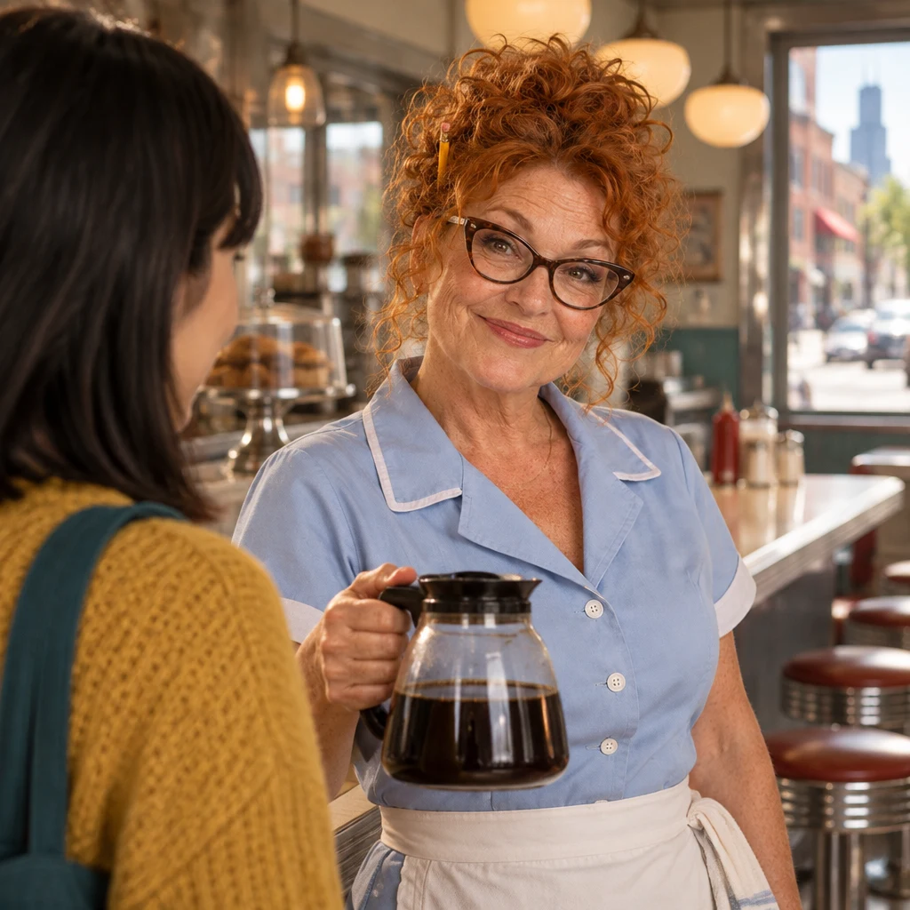 Dee offers Ana a warm morning greeting from the counter.
