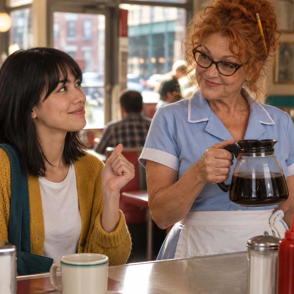 Ana gives Dee a brief, cheerful reply beside the coffee pot.