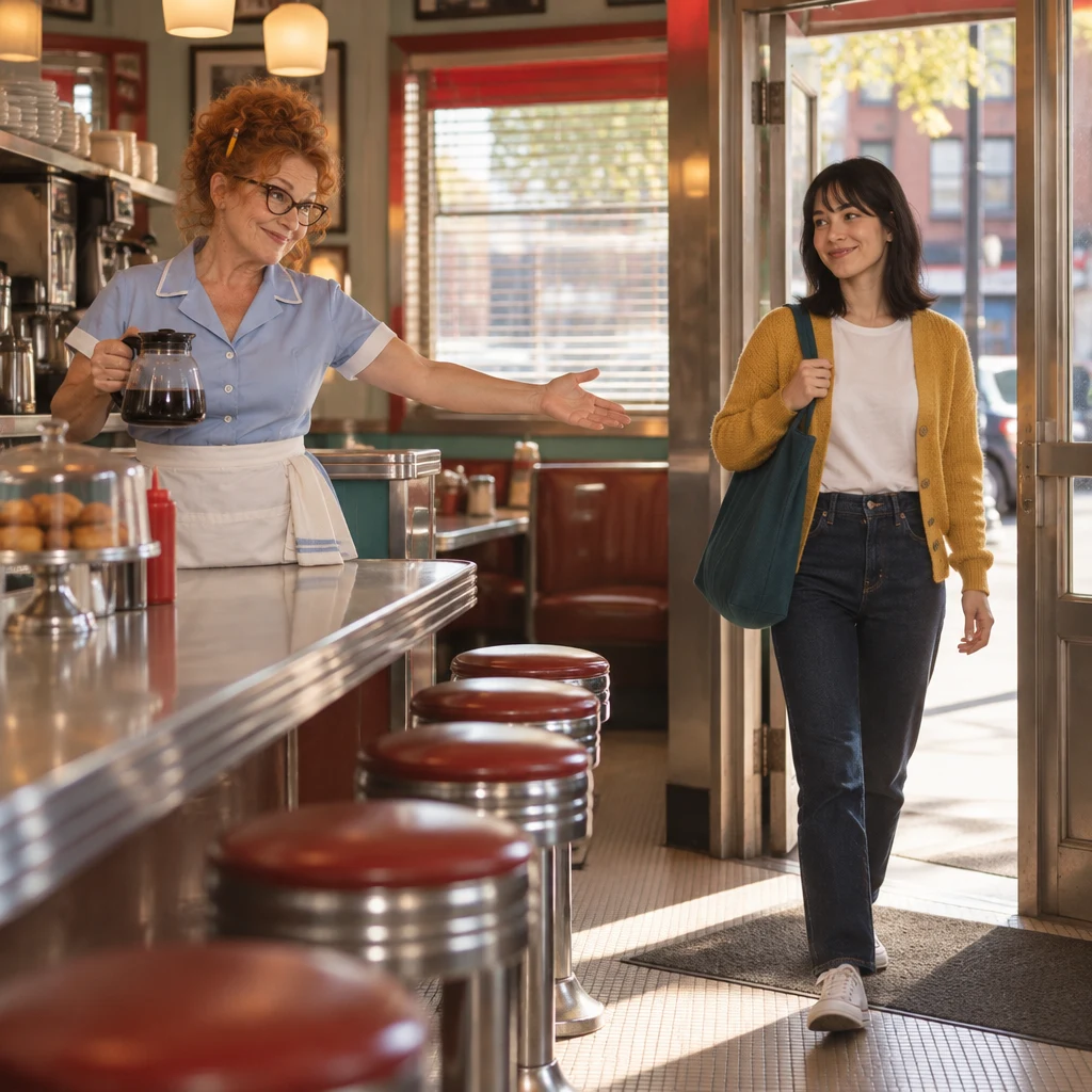 Ana steps inside as Dee welcomes her from behind the counter.